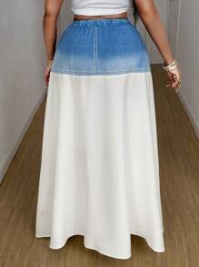 Maweii Plus Size Women Stitching 2 In 1 Skirt, Pocket Decoration, Commuting Daily Wear - Blue and White - View 2