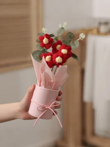 1 套手工编织羊毛人造花束，织物编织假花，包括桶和 6 朵钩针花，适合送给妈妈、妻子、闺蜜朋友、女朋友、母亲节情人节礼物、婚礼纪念品和节日派对家居餐桌装饰礼物