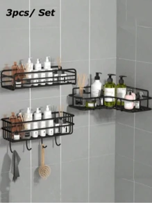 1PC, Perforation-Free Bathroom Shelving Triangle Shelving Toiletries Storage Shelf Home Bathroom Decor Bathroom Organizer Summer - Black - View 9