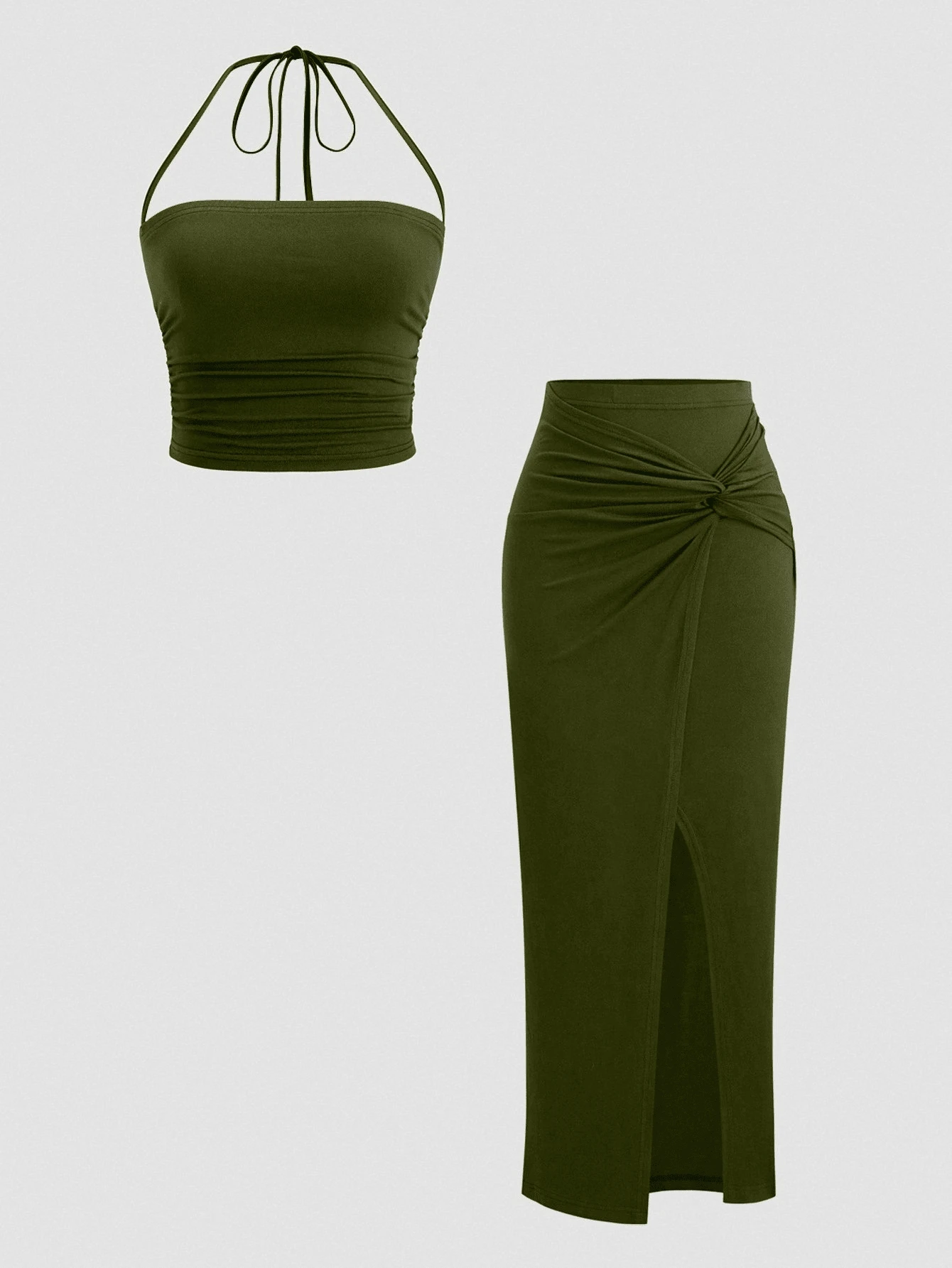 Sweetra 女式性感开叉扭纹露背上衣和高腰半身裙两件套,春夏 - 軍綠色 - 查看 1