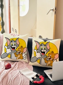 TOM & JERRY X SHEIN 卡通印花抱枕 - 卧室/床边枕套、沙发靠垫套、汽车腰部支撑靠垫套，带可拆卸可洗套 - 黃色 - 查看 11