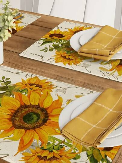 4/6 piezas Manteles de mesa con estilo de país de girasoles amarillos florales y eucalipto - Manteles decorativos de cocina para el hogar y comedor