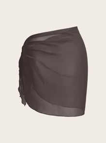 Swim Basics Falda pareo de verano de unicolor con nudo lateral para mujer, ideal para la playa y vacaciones - Marrón - Ver 2