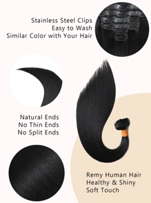 Seamless Clip Ins Extensiones de cabello natural de 12A, rectas y sin costuras, con trama de PU, 100% cabello humano crudo real, set de 7 piezas - Natural Black - Ver 3