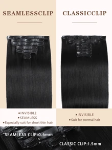 Seamless Clip Ins Extensiones de cabello natural de 12A, rectas y sin costuras, con trama de PU, 100% cabello humano crudo real, set de 7 piezas - Natural Black - Ver 2