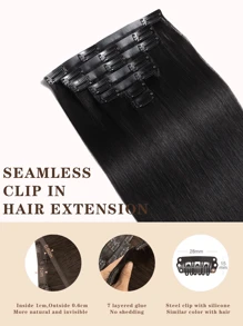 Seamless Clip Ins Extensiones de cabello natural de 12A, rectas y sin costuras, con trama de PU, 100% cabello humano crudo real, set de 7 piezas - Natural Black - Ver 4