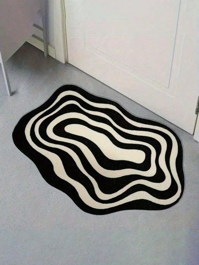 SHEIN 1 Pieza Alfombra de área con patrón de onda abstracta en blanco y negro moderno - Suave, lavable a mano, alfombrilla antideslizante de barro de diatomeas para decoración de sala de estar o dormitorio, uso interior/exterior minimalista, alfombra de área versátil de fibra de poliéster