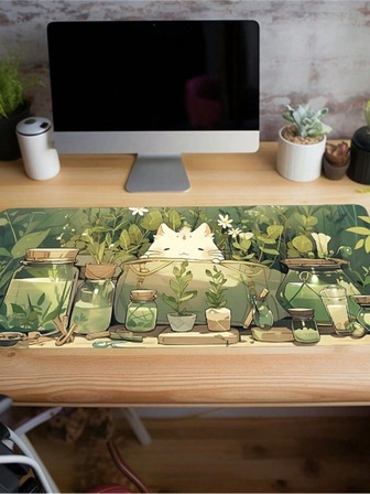 1pc Green Plants Cat Mouse Pad Cute Cartoon Large Desk Mat Office Desk Accessories With Stitched Edge Non-Slip  Mousepad Rubber Base Desk Pad  For Home Office Gift For Women