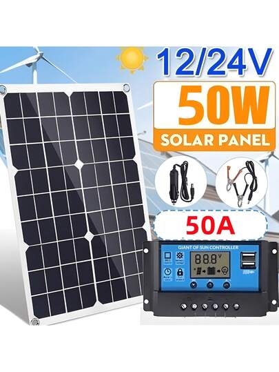 Kit portátil de panel solar de 50A 50W 12V/24V con USB - Células solares de alta eficiencia y resistentes al agua con controlador para cargar teléfonos - Ideal para autocaravanas, coches y aventuras al aire libre