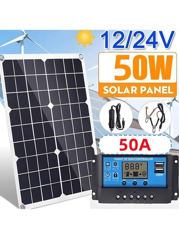 SHEIN 50A 50W 12V/24V USB Portable Solar Panel Kit - Waterproof, High-Efficiency Solar Cells With Controller For Phone Charging -Ideal For RVs, Cars, And Outdoor Adventures