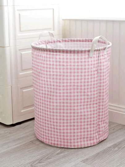SHEIN 1pc Japanese Style Pink Checkered Laundry Basket - Foldable Laundry Bucket, Thickened Waterproof Lining, Easy To Clean, Suitable For Storing Dirty Clothes/Plush's Toys/Sundries, Space Saving Convenient Storage, Create A Tidy And Warm Home - Small Apartment Storage Preferred,Mother's Day,Gift For My Mother,Stuffed Animal Storage,3d Printed Animal,Teen Room Decor,Teddy Bear.