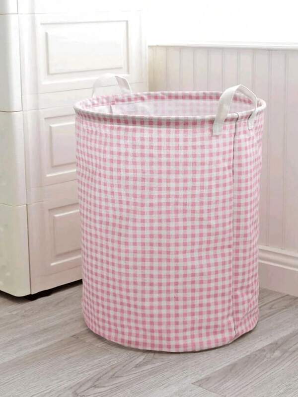 SHEIN 1pc Japanese Style Pink Checkered Laundry Basket - Foldable Laundry Bucket, Thickened Waterproof Lining, Easy To Clean, Suitable For Storing Dirty Clothes/Plush's Toys/Sundries, Space Saving Convenient Storage, Create A Tidy And Warm Home - Small Apartment Storage Preferred,Mother's Day,Gift For My Mother,Stuffed Animal Storage,3d Printed Animal,Teen Room Decor,Teddy Bear.