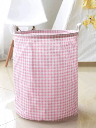 1pc Japanese Style Pink Checkered Laundry Basket - Foldable Laundry Bucket, Thickened Waterproof Lining, Easy To Clean, Suitable For Storing Dirty Clothes/Plush's Toys/Sundries, Space Saving Convenient Storage, Create A Tidy And Warm Home - Small Apartment Storage Preferred,Mother's Day,Gift For My Mother,Stuffed Animal Storage,3d Printed Animal,Teen Room Decor,Teddy Bear.