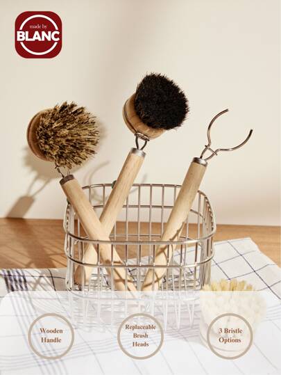 Madebyblanc 1 件长柄锅刷，可更换刷头，天然软毛，马鬃毛，剑麻，椰子棕榈清洁刷，实木手柄用于洗锅碗瓢盆，洗碗刷内置刮刀，用于平底锅、锅、柜台和厨房水槽清洁的刷子，洗碗和清洁刷工具，白色