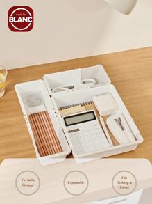 Madebyblanc 1 件家用伸缩抽屉收纳盒，内置分隔盒餐具隔层收纳盒化妆品收纳盒，适用于化妆品、家居用品、节省空间、学生用品、开学季 - 灰色+白色 - 查看 1