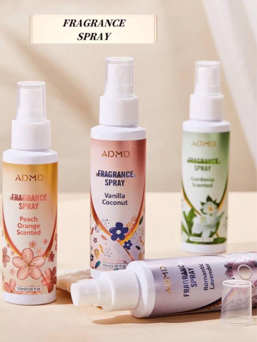 SHEIN 4 件 100ml 薰衣草空气清新剂,香氛喷雾,持久留香,适用于衣柜、客厅、汽车、浴室、酒店,除臭剂和清新空气,椰子香草、薰衣草、栀子花、桃子和橙子,便携式 - 彩色 - 查看 1