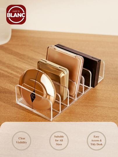 Madebyblanc 1 pieza Estante de almacenamiento para paleta de sombras de ojos de escritorio para el hogar, estante de almacenamiento para caja de borlas en polvo, estante de almacenamiento segmentado transparente