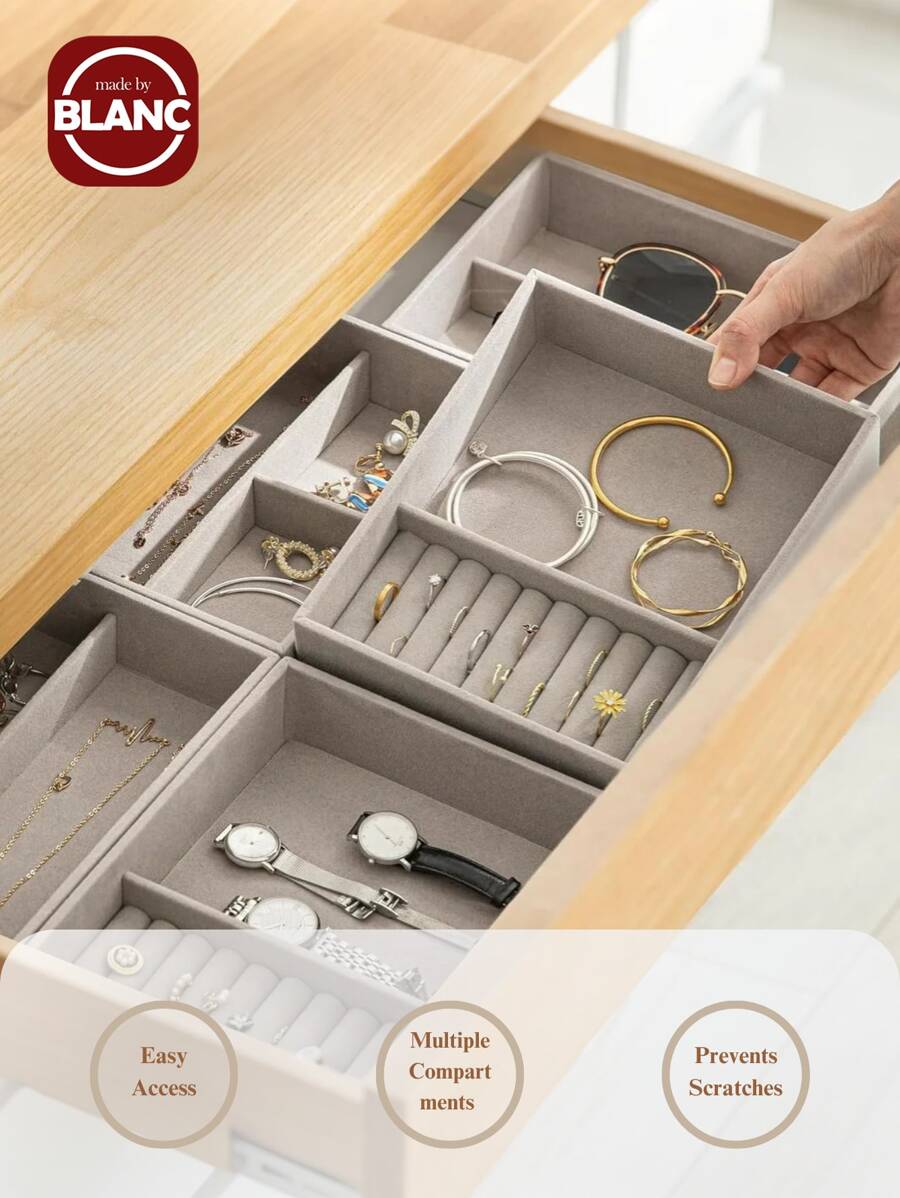 Madebyblanc Velvet Jewelry Box Storage Box Desktop Divided Storage Box Drawer Jewelry Tray, Jewelry Storage Box, Stackable Storage For Rings, Earrings, Necklaces, Bracelets, With Removable Dividers - Multicolor - View 1