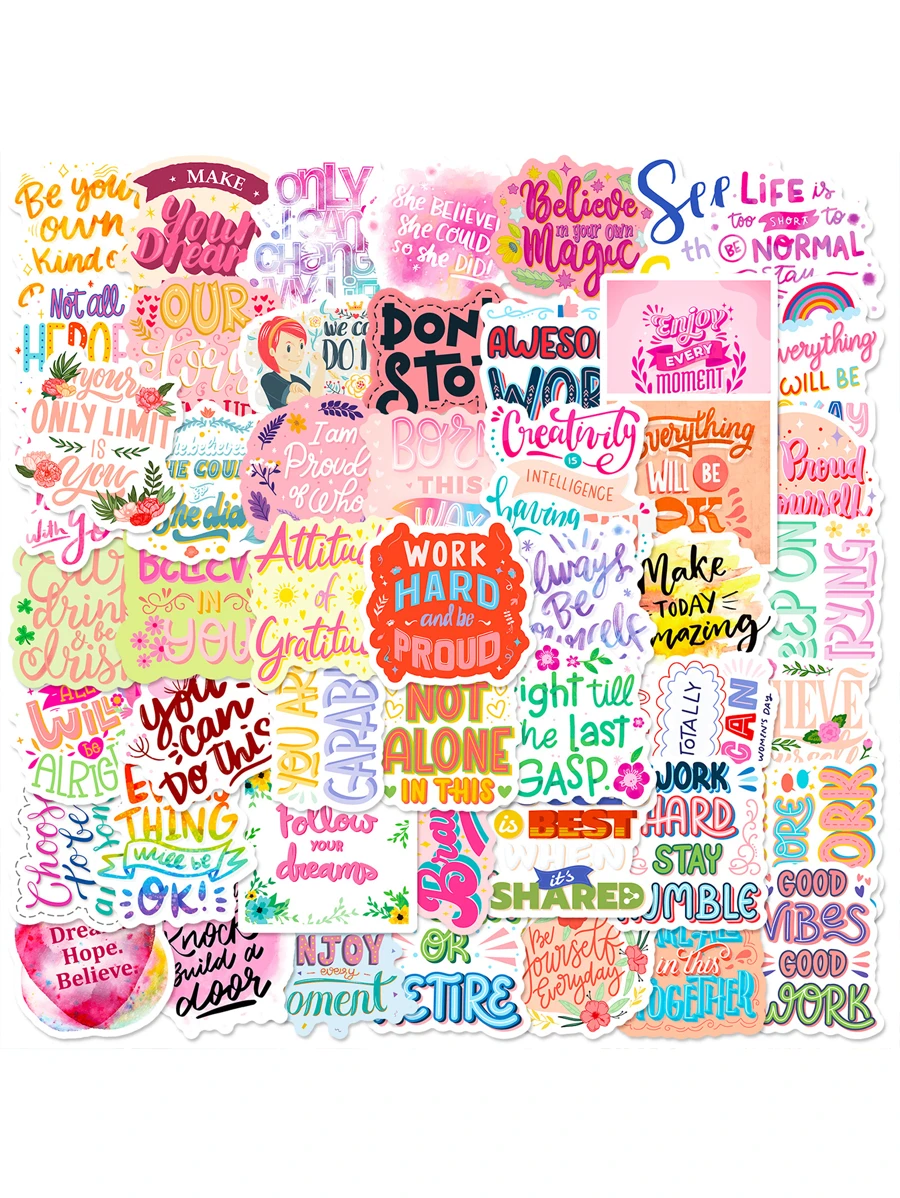 SHEIN 50张粉色英文励志涂鸦贴纸，个性PVC自粘贴纸，哑光饰面，装饰行李箱，电脑头盔，吉他，手机壳，水杯，个性剪贴簿装饰用品学校用品 - 彩色 - 查看 1