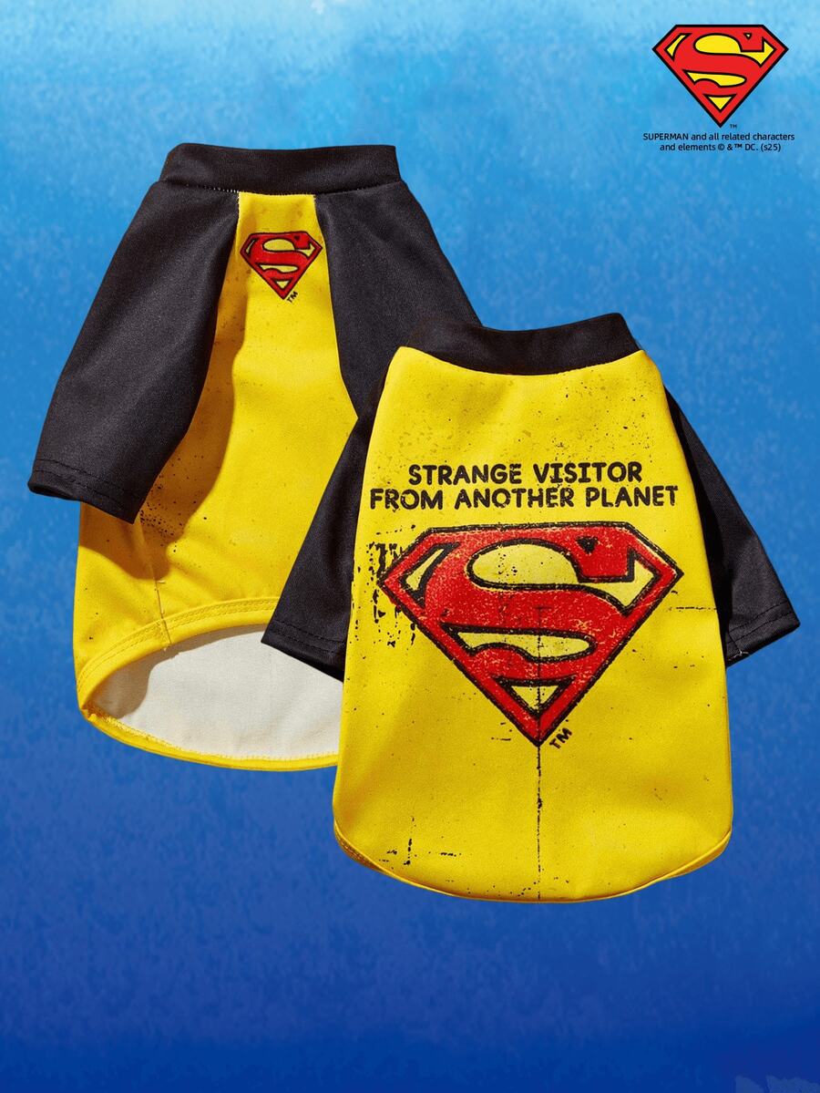 SUPERMAN X PETSIN 1pc Distressed Vintage Style Graphic Print Contrast Color Raglan Sleeve Pet Dog Cat Crew Neck Comfortable T-Shirt
