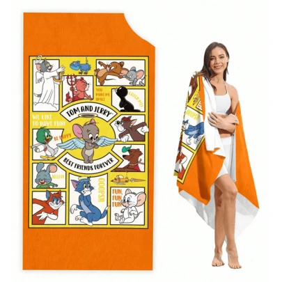 TOM & JERRY X SHEIN 字母和卡通图案海滩必备！柔软超强吸水超细纤维沙滩巾，提升你的海滩时光