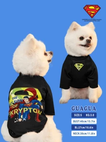 SUPERMAN X PETSIN 1pc Illustrated Cat & Dog Print Raglan Sleeve Crew Neck Comfortable Pet T-Shirt