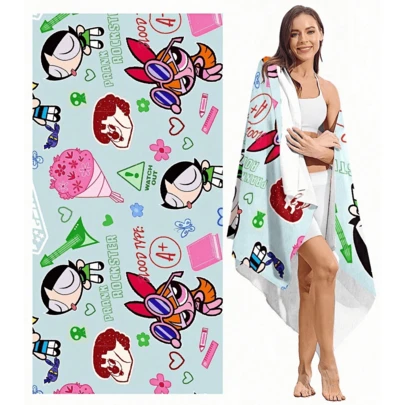 THE POWERPUFF GIRLS X SHEIN Blossom, Bubbles, Buttercup Pattern Beach Towel Shawl - Microfiber Ultra-Absorbent & Quick-Dry, Lint-Free Towel For Swimming, Spa, Travel - Ultra-Soft Lightweight & Portable Design
