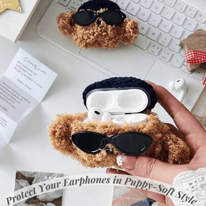 Muroi Mono 可爱手机壳 1 件创意新款 AirPods 4 毛绒绒深蓝色帽子棕色狗 AirPods 3 酷炫太阳镜狗耳机壳 AirPods Pro 泰迪熊 AirPods 1/2 柔软触感 Airpods Pro（第二代）无线蓝牙耳机保护套兼容苹果