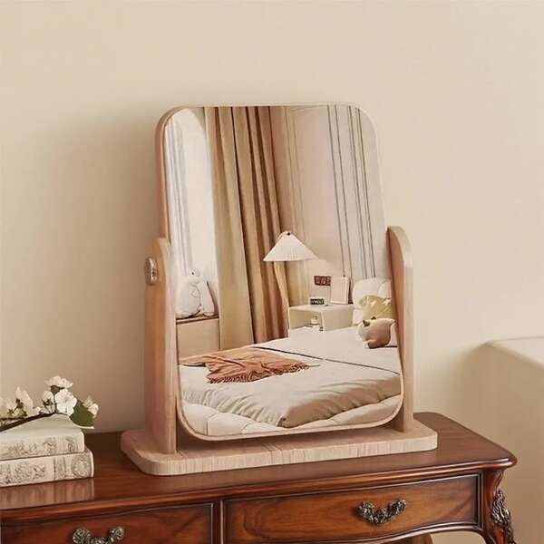 1 件可旋转梳妆镜，带木支架，抛光表面，可调节桌面梳妆镜，适用于卧室、浴室、日常护肤和化妆，无需电池，家居装饰，返校房间装饰，学校用品