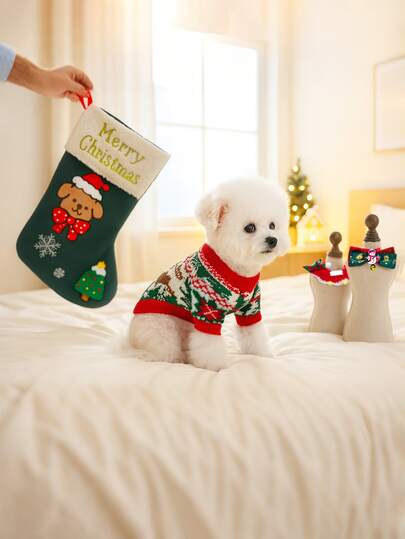 PETSIN 4件套宠物圣诞礼物包，猫狗通用服装，可爱秋冬鹿图案毛衣，附赠项圈配件套装，包含带收纳功能的绿色礼品袋