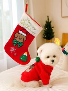 PETSIN 4pcs Pet Christmas Gift Pack, Cat And Dog Universal Clothing, Cute Autumn/Winter Embroidered Elk Pattern Hoodie, Comes With Collar Accessory Set, Red Gift Bag With Storage Function