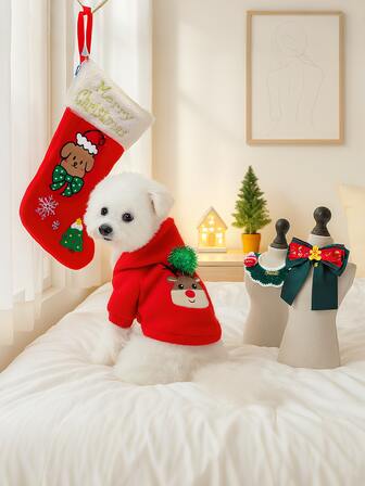 PETSIN 4pcs Pet Christmas Gift Pack, Cat And Dog Universal Clothing, Cute Autumn/Winter Embroidered Elk Pattern Hoodie, Comes With Collar Accessory Set, Red Gift Bag With Storage Function