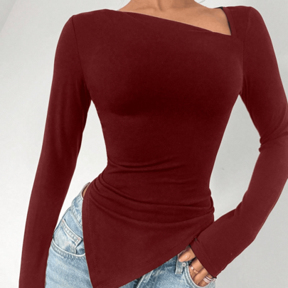여성용 우아한 러치드 칼라 솔리드 컬러 슬림핏 긴소매 티셔츠, 봄/가을
