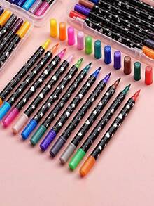 SHEIN 36支/48支双头双色闪光马克笔，荧光高光笔，学生闪光绘画水彩笔，学校及办公用品，返校、万圣节和圣诞节必备，耐用塑料笔身 - 彩色 - 查看 1