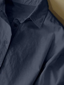 INAWLY New Stylish Linen Casual Loose Fit Long Sleeve Shorts 2 Pieces Set For Plus Size Women - Navy Blue - View 3