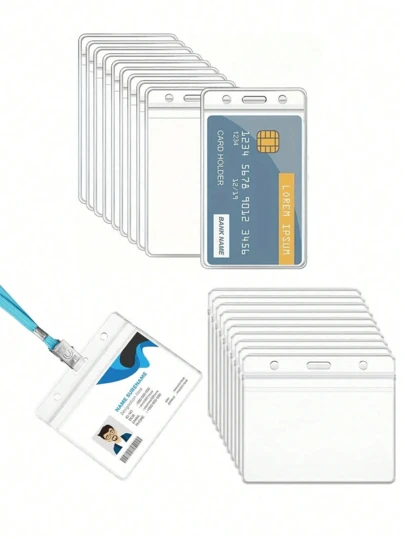 SHEIN 10 Pieces Waterproof Card Holder Vertical Or Horizontal ID Badge Holder Portable Transparent PVC Plastic Card Sleeves For Student Campus School Office Home Business Employee Accessory Organization Supply Storage Essentials School College University Work Essentials Water Resistant Durable Clear ID Card Protector Wallet Name Tag Lanyard Display Card Case