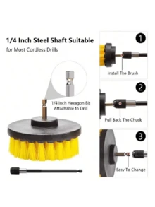 SHEIN 3/4 piezas Juego de cepillos eléctricos para taladro Limpiador de potencia inalámbrico Accesorios de limpieza profunda para baño, azulejos, fregadero de cocina, automóvil, llantas, caravana, barco, eliminación de óxido y suciedad, limpiador multiusos para el hogar - Amarillo - Ver 5