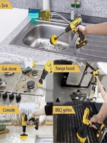 SHEIN 3/4 piezas Juego de cepillos eléctricos para taladro Limpiador de potencia inalámbrico Accesorios de limpieza profunda para baño, azulejos, fregadero de cocina, automóvil, llantas, caravana, barco, eliminación de óxido y suciedad, limpiador multiusos para el hogar - Amarillo - Ver 8