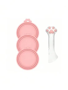3 różowe pokrywki na karmę dla zwierząt i 1 łyżka do konserwowania, otwieracz do puszek w kształcie łapy, uniwersalna silikonowa łyżka do konserwowania i pokrywka do konserwowania psów i kotów