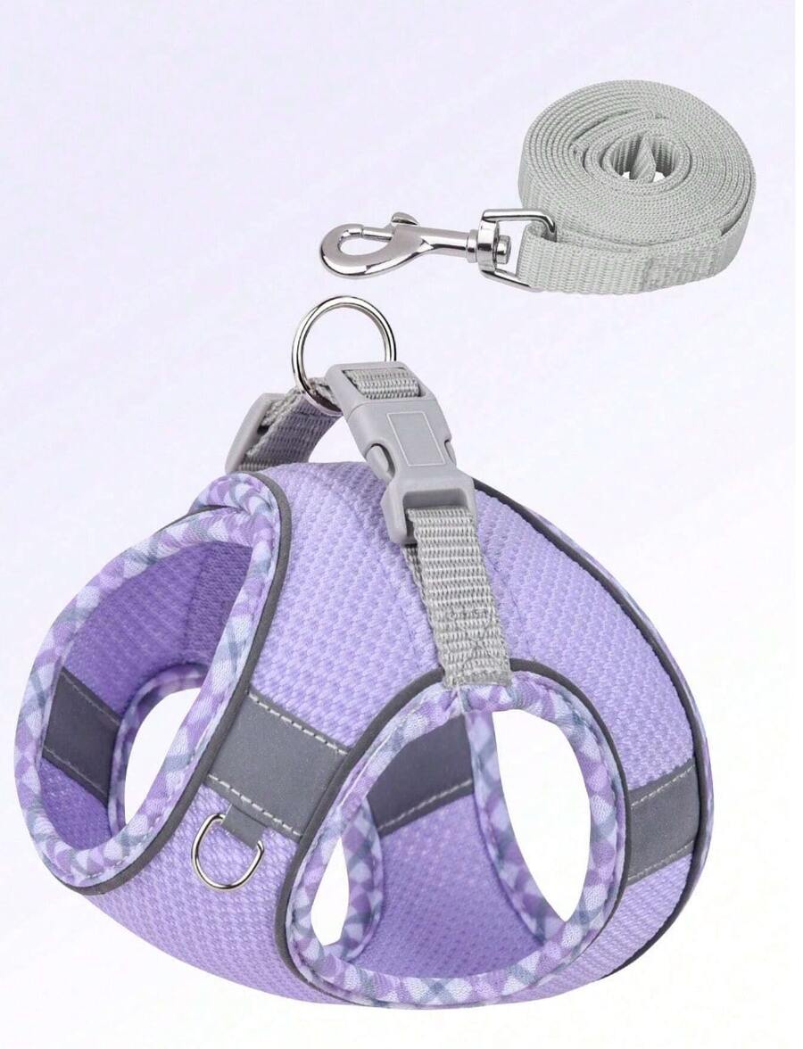 1pc Breathable & Comfortable Mesh Dog Harness With Reflective Strips, Snug Fit - Mauve Purple - View 1
