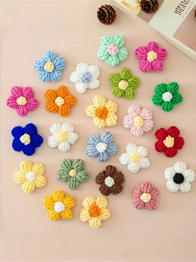 10/20/50 piezas de flores de ganchillo de colores mixtos hechas a mano, flores de lana esponjosas para manualidades DIY, materiales para renovar espejos, diademas, sombreros y accesorios de ropa, accesorios navideños, suministros de ganchillo