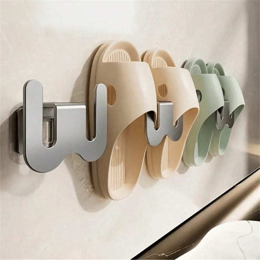 Wall Mounted Shoe Rack With Adhesive Strip, Aluminum Bathroom Slipper Rack, Wall-Mounted No Drill Toilet Over The Door Drainage Hook, Shoe Storage Rack, Bathroom Accessories - Multicolor - View 1