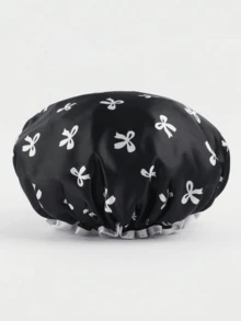 1pc, Double-Layer Waterproof And Reusable Women_s Bath Cap With Bowknot Pattern Shower Cap, Elastic Bathing Hair Cover For Women, Hair Cover For Kitchen And Home Use Home Bathroom Decor Summer Back To School