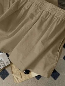 INAWLY Bộ 2 món quần short dài tay rộng rãi thoải mái chất liệu vải lanh pha trộn thời trang đơn giản mới dành cho nữ - Cà phê nâu - Xem 4