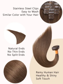Seamless Clip Ins #6 Extensiones de cabello humano natural crudo de 7 piezas/set, color marrón chocolate, liso, sin costuras, PU, 12A - S6 - Ver 2
