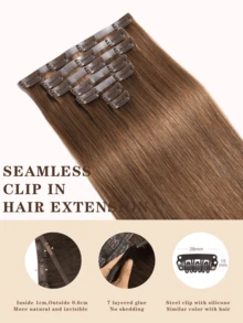Seamless Clip Ins #6 Extensiones de cabello humano natural crudo de 7 piezas/set, color marrón chocolate, liso, sin costuras, PU, 12A - S6 - Ver 4