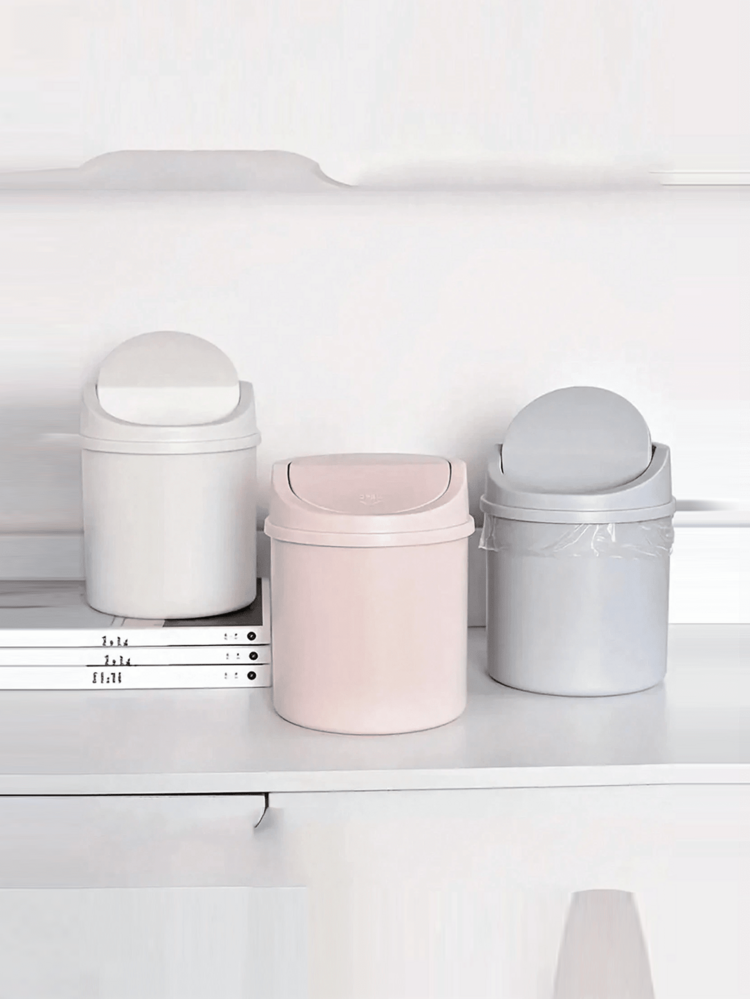 SHEIN 1PC Mini Garbage Bin, Covered Small Trash Can, Desktop Trash Can, Plastic Desktop Waste Paper Basket, Used For Storing Fruit Peel And Paper Scraps On Desk To Keep Tidy, For Bathroom, Home Office Desk Decor, Coffee Table, Office, Living Room, Study Back To School - Multicolor - View 4