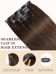 Seamless Clip Ins #4 巧克力棕色 12A 直发无缝 PU 纬纱接发 100% 真人发 7 件/套 - S4 - 查看 4