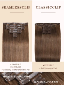 Seamless Clip Ins #6 Extensiones de cabello humano natural crudo de 7 piezas/set, color marrón chocolate, liso, sin costuras, PU, 12A - S6 - Ver 3