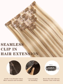 Seamless Clip Ins 10/613 金色 12A 直发无缝 PU 纬纱接发 100% 真人发 7 件/套 万圣节服装 - S10/613 - 查看 4